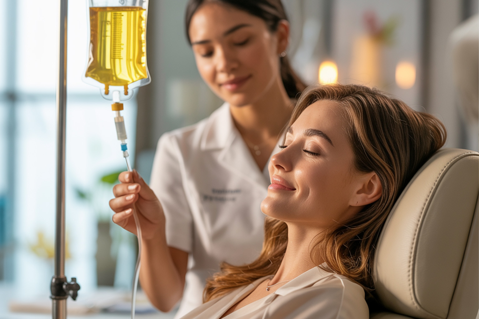 Advanced NAD+ cellular regeneration therapy treatment at The Gift MedSpa showing patient receiving NAD+ infusion therapy for anti-aging and cellular wellness in Ridgefield Connecticut